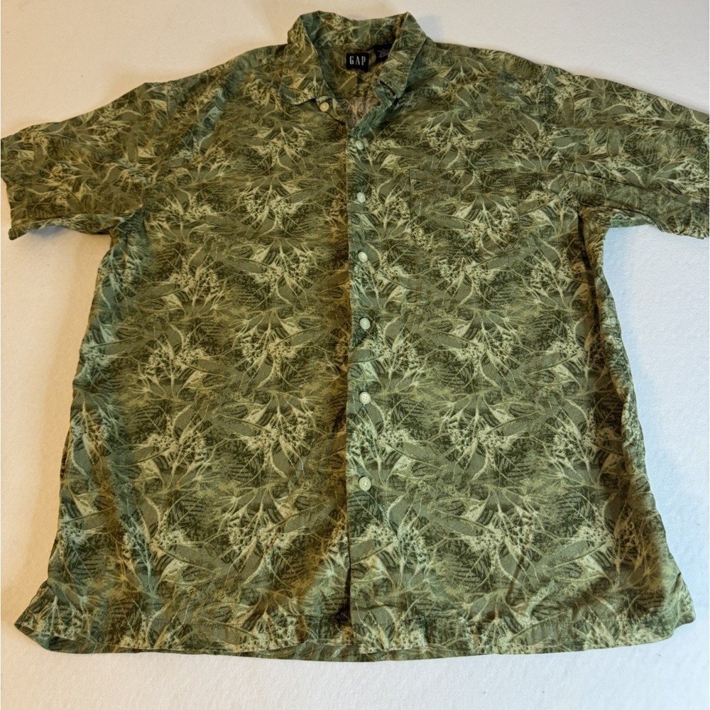 Gap Mens Large Green Tropical Leaf Print Short Sleeve Cotton Button Down Shirt